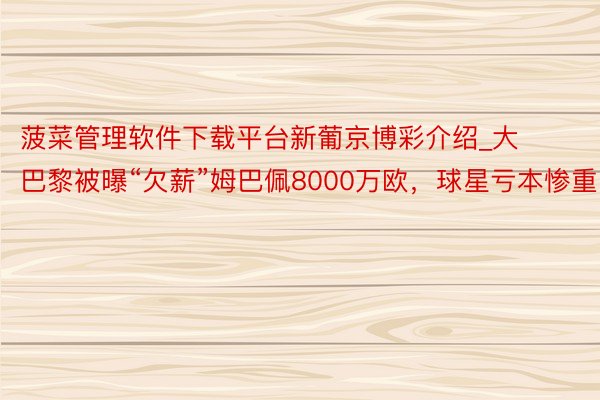 菠菜管理软件下载平台新葡京博彩介绍_大巴黎被曝“欠薪”姆巴佩8000万欧，球星亏本惨重